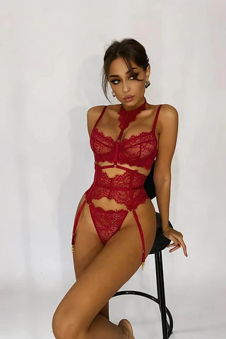 RUBY REFLECTION - Seductive Red Lace 5 pieces set