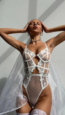 White Lace Bridal Bodysuit - Sheer Floral One-Piece
